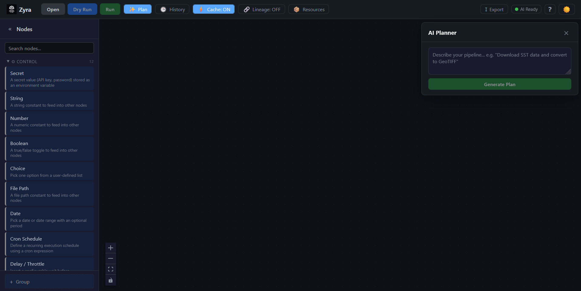 Zyra Editor — screenshot of the visual pipeline builder interface